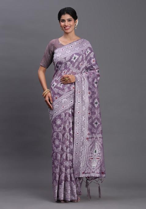 Voilet Motif Linen Cotton Saree Set