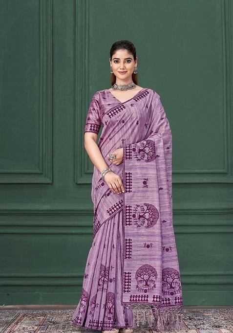 lavender Printed Silk Saree Set