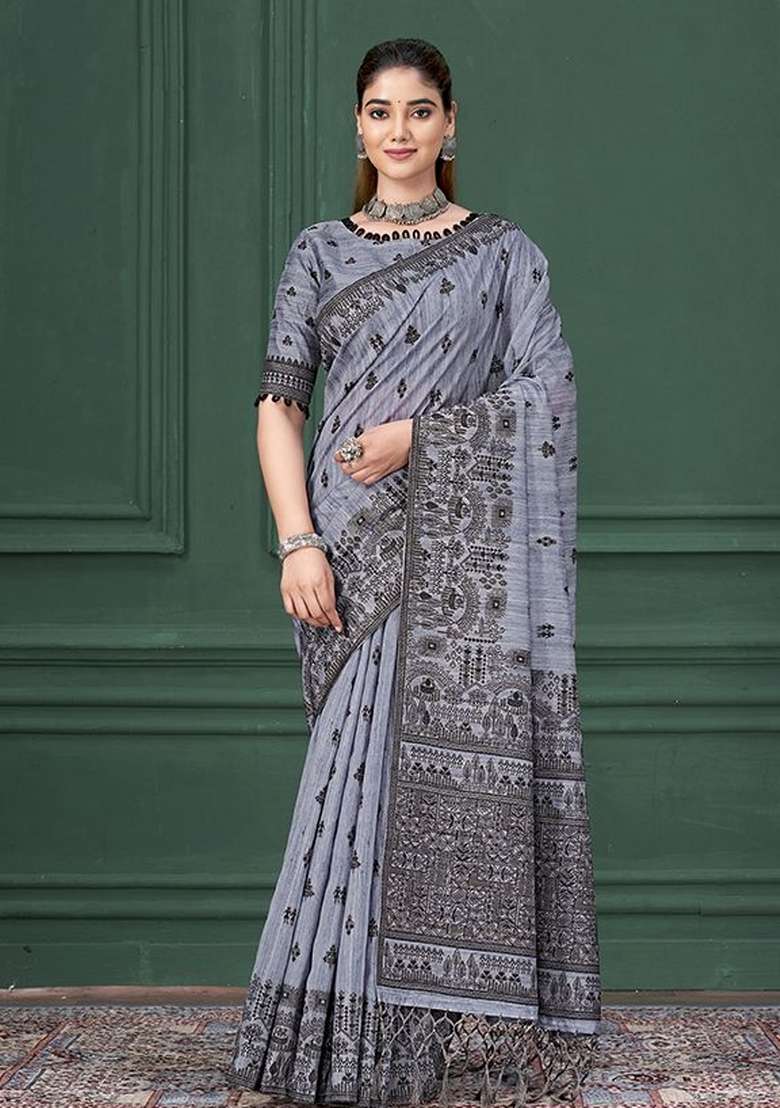 Blue Printed Silk Saree Set - Indya