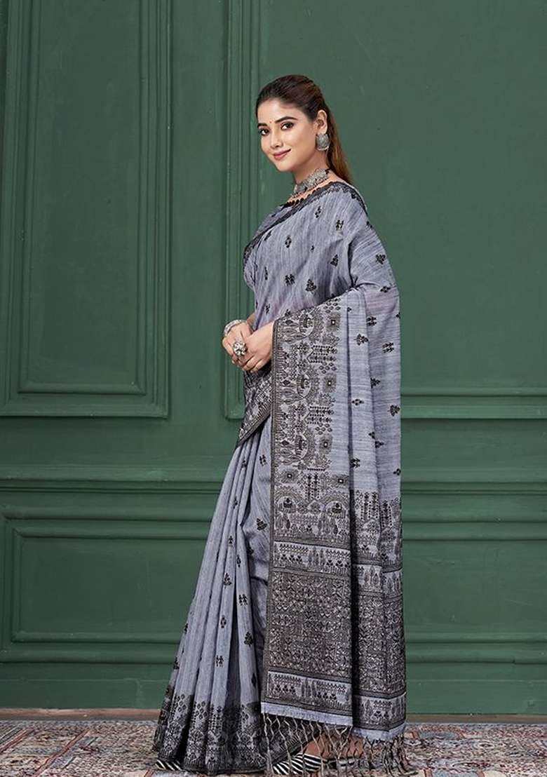 Blue Printed Silk Saree Set - Indya