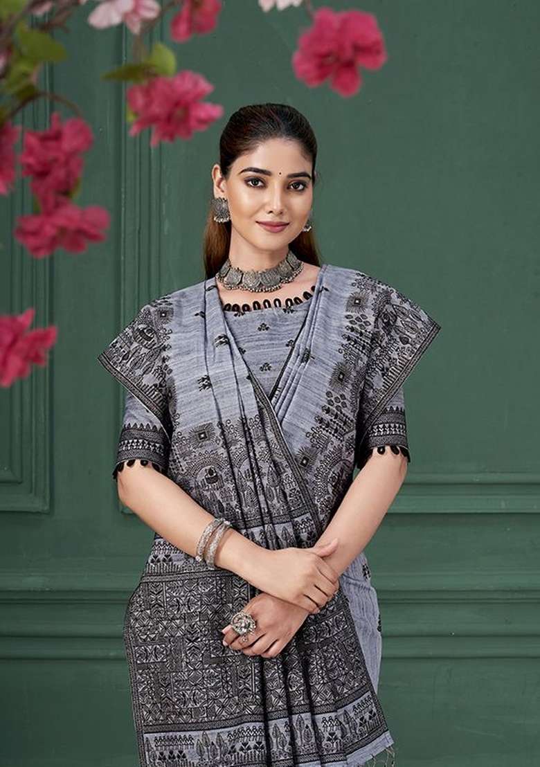 Blue Printed Silk Saree Set - Indya