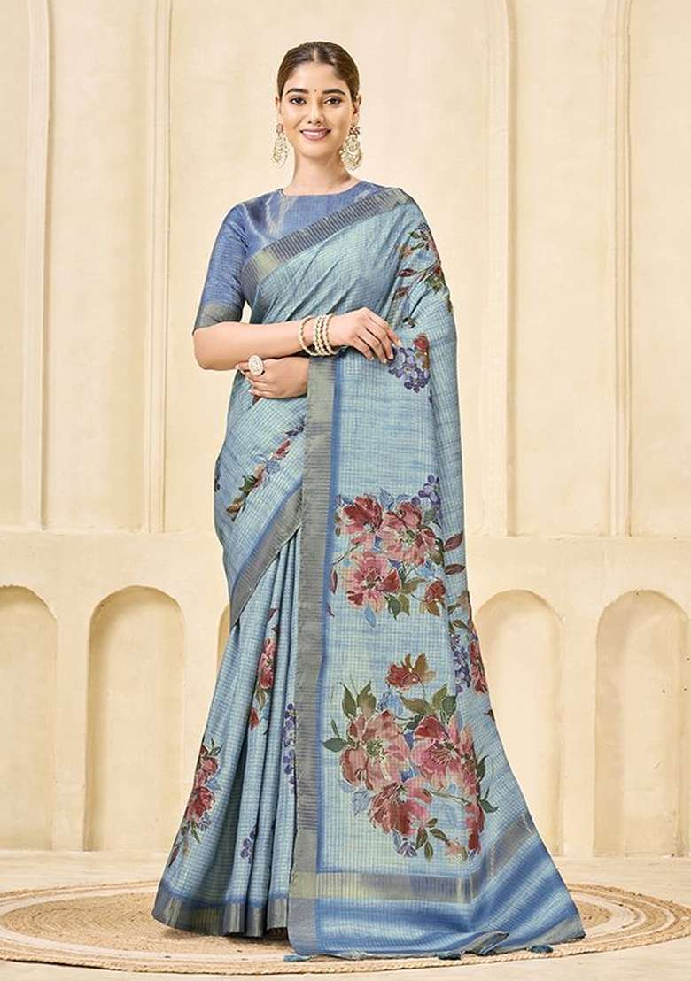 Sky Blue Printed Silk Saree Set - Indya