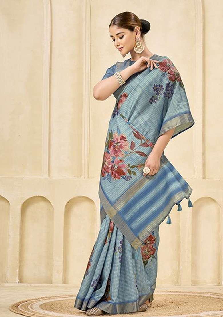 Sky Blue Printed Silk Saree Set - Indya