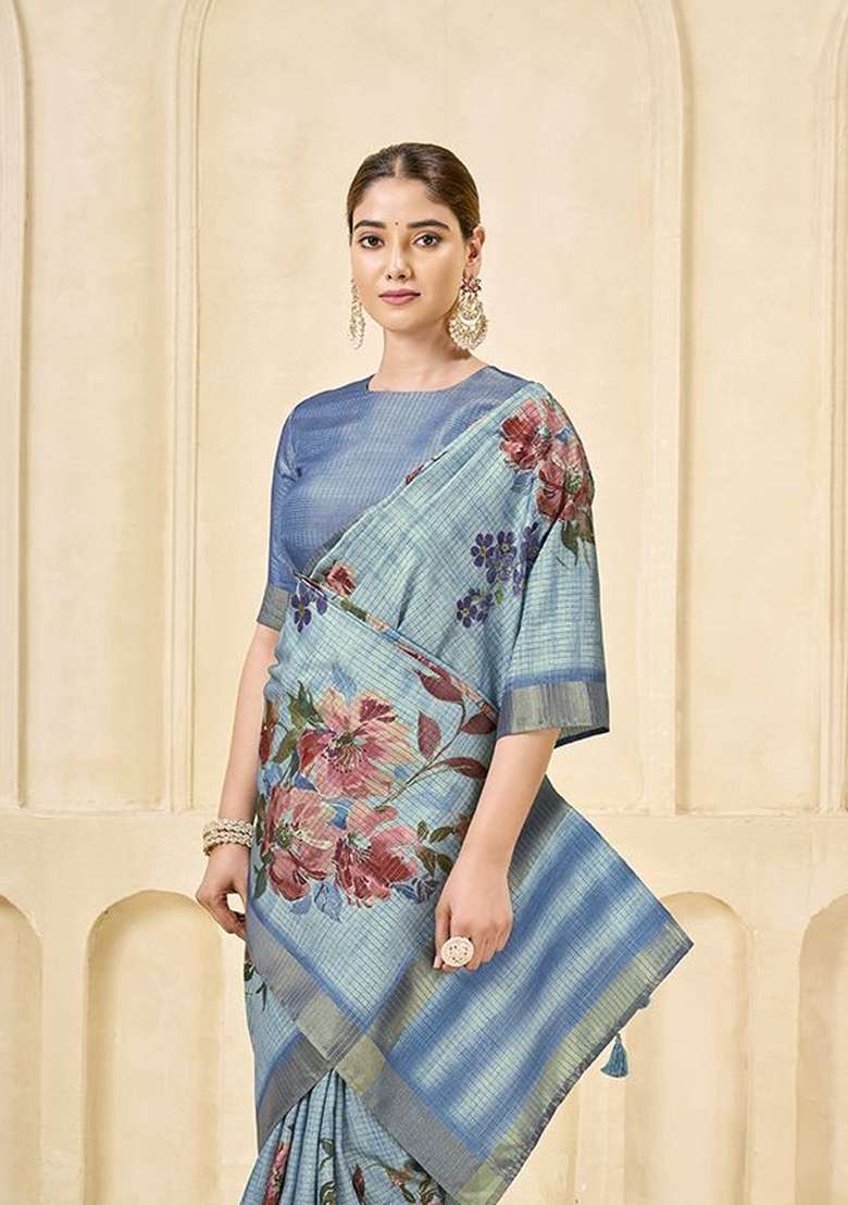 Sky Blue Printed Silk Saree Set - Indya