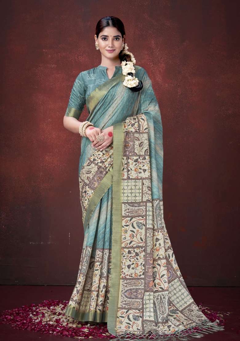 Sky Blue Printed Silk Saree Set - Indya