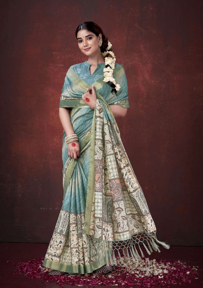 Sky Blue Printed Silk Saree Set - Indya