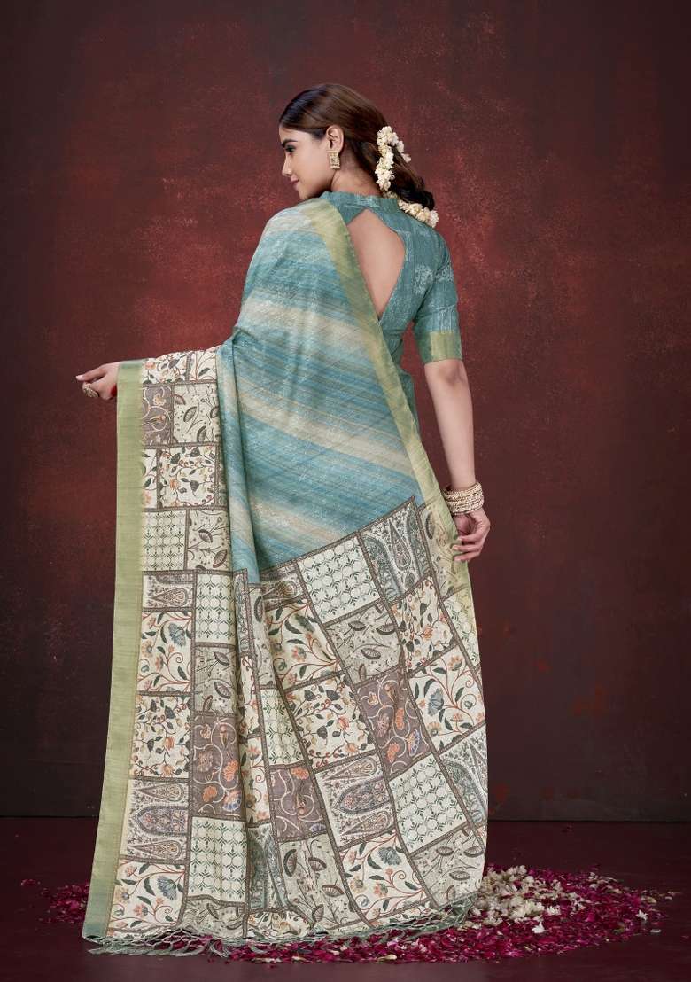 Sky Blue Printed Silk Saree Set - Indya