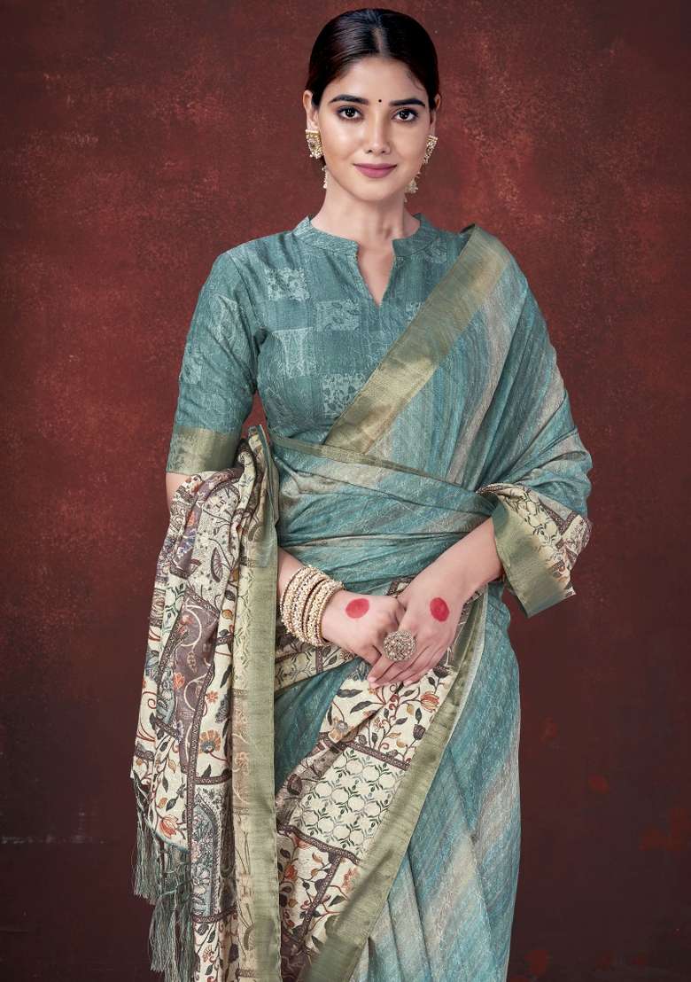 Sky Blue Printed Silk Saree Set - Indya