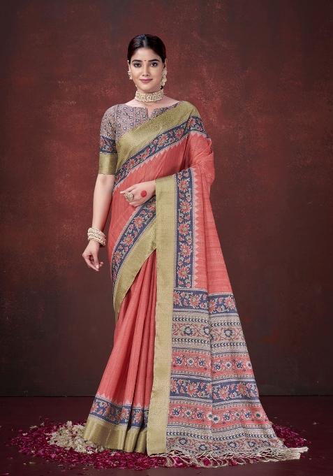 Red Printed Silk Saree Set