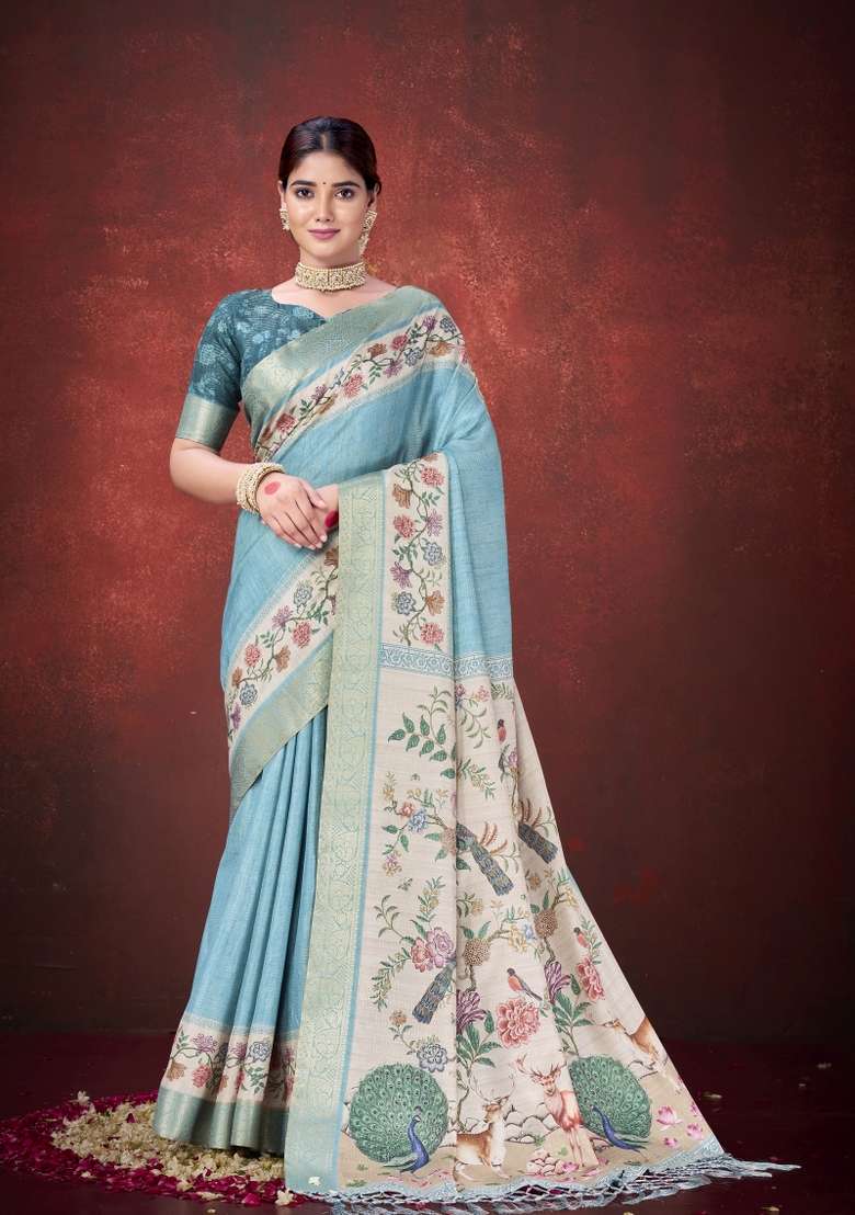 Sea Green Printed Silk Saree Set - Indya