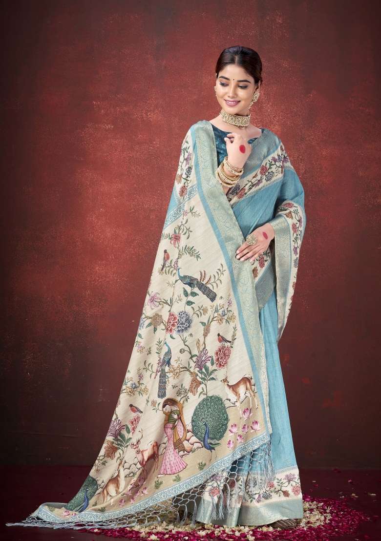 Sea Green Printed Silk Saree Set - Indya