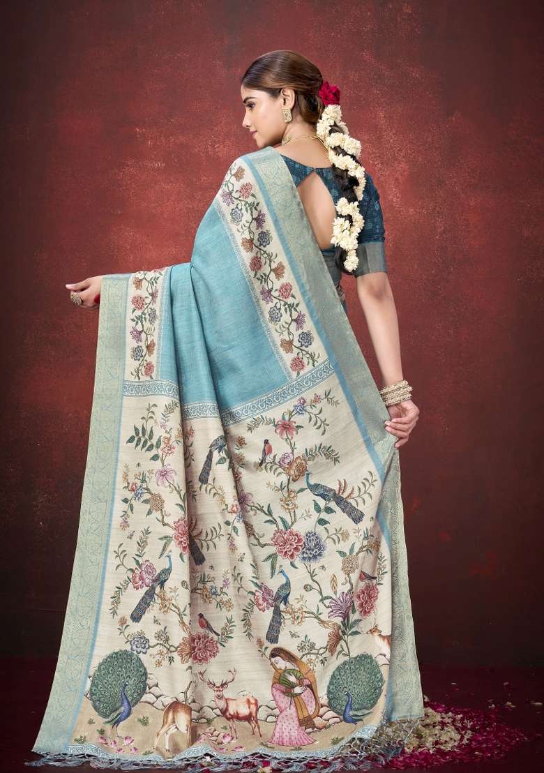 Sea Green Printed Silk Saree Set - Indya