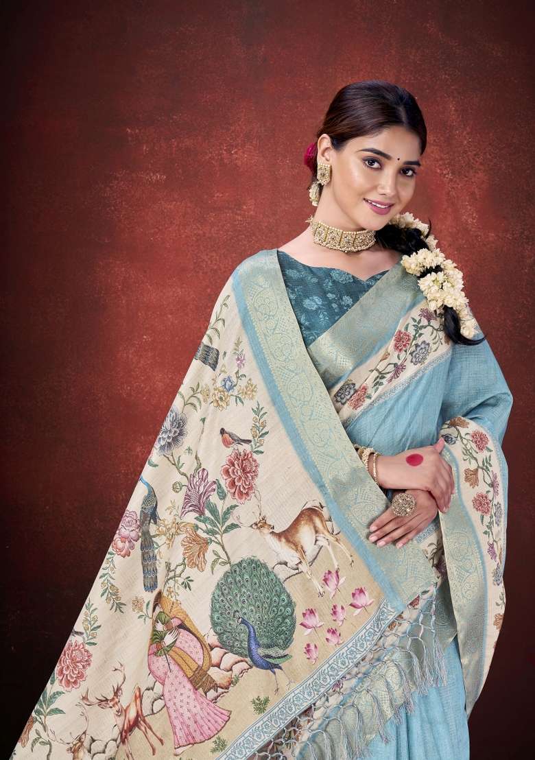 Sea Green Printed Silk Saree Set - Indya