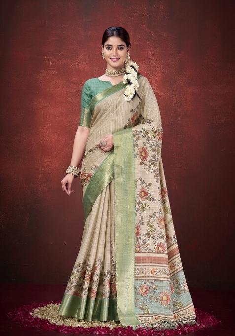 Cream Printed Silk Saree Set
