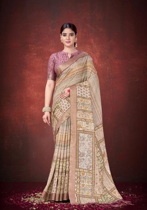 Brown Printed Silk Saree Set