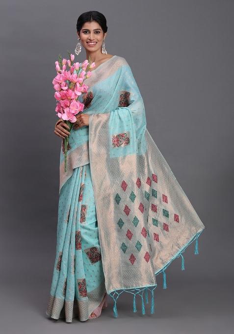 Sky Blue Motif Linen Cotton Saree Set