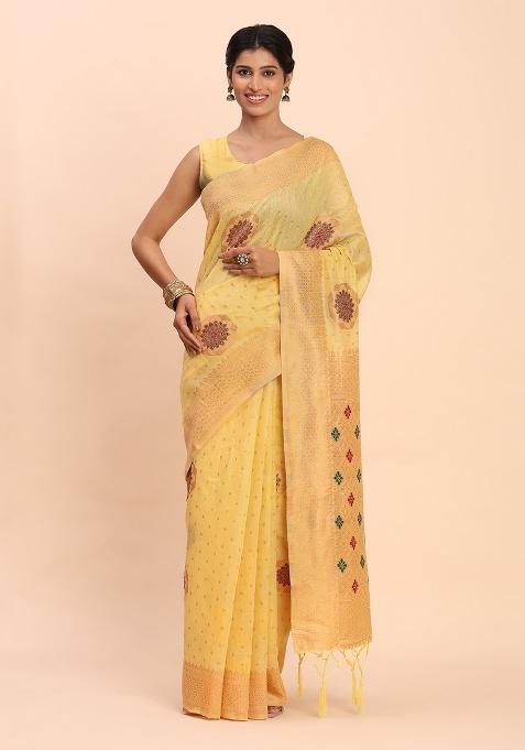 Yellow Motif Linen Cotton Saree Set