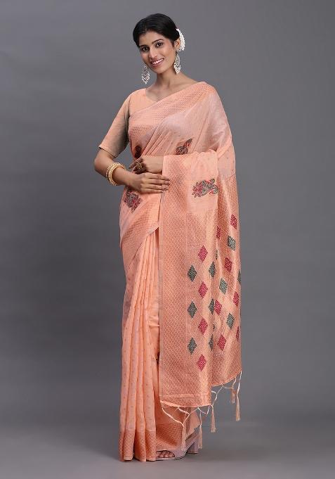 Peach Motif Linen Cotton Saree Set