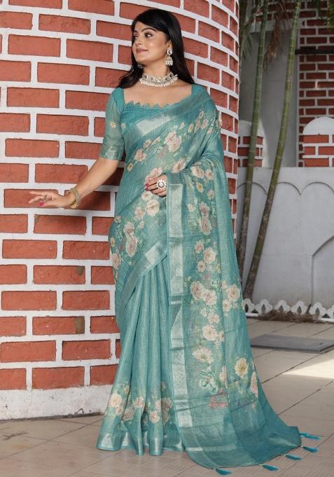 Sea Green Printed Cotton Shimmer Saree Set