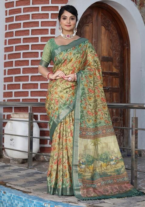 Beige Printed Cotton Shimmer Saree Set