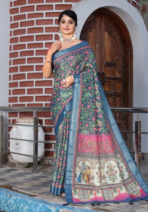 Blue Printed Cotton Shimmer Saree Set