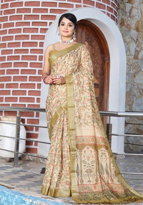 Beige Printed Cotton Shimmer Saree Set