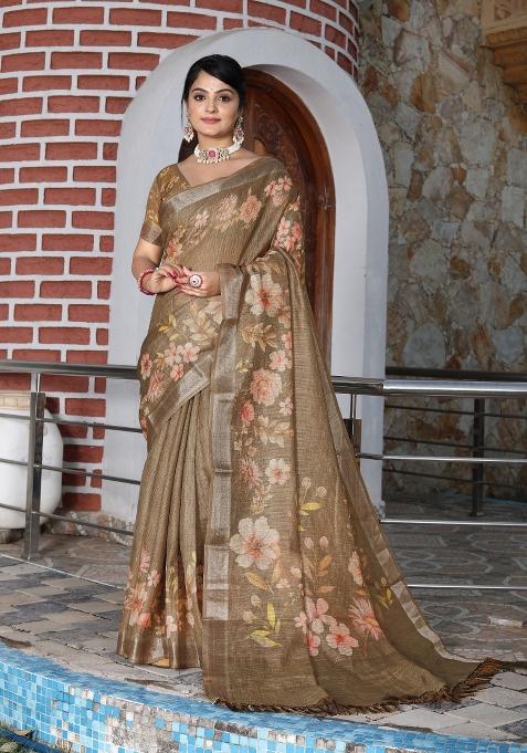 Brown Printed Cotton Shimmer Saree Set