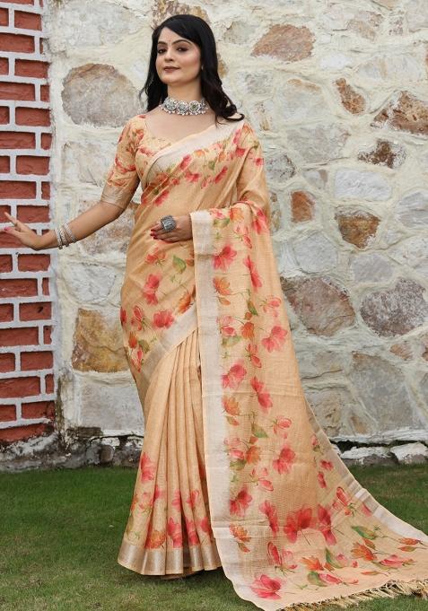 Peach Printed Cotton Shimmer Saree Set