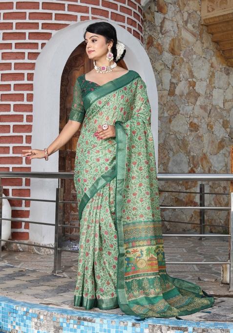 Green Printed Cotton Shimmer Saree Set