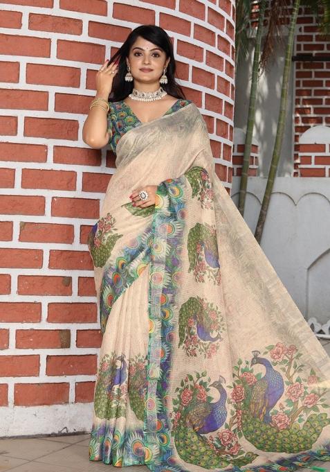 Cream Printed Cotton Shimmer Saree Set