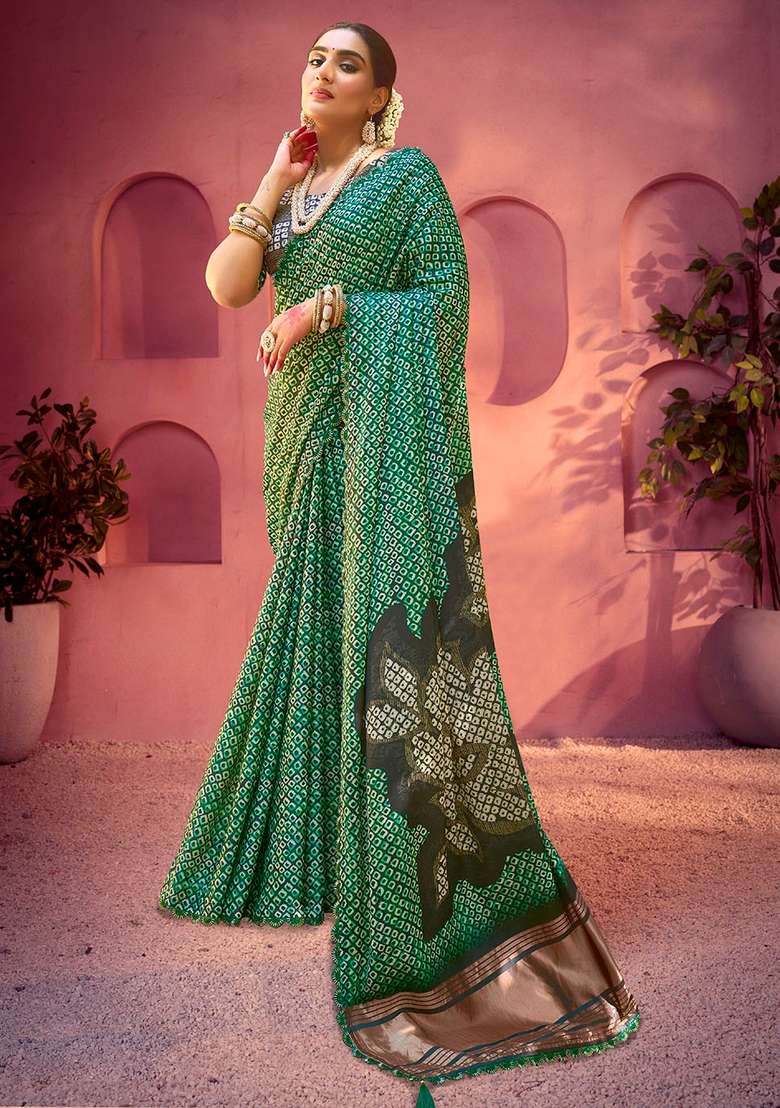 Green Printed Silk Saree Set - Indya