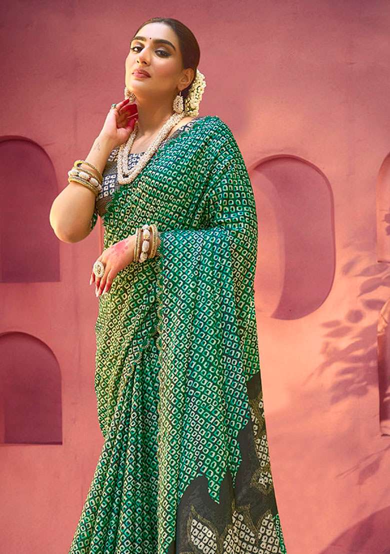 Green Printed Silk Saree Set - Indya