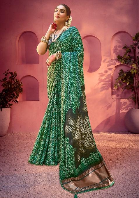 Green Printed Silk Saree Set