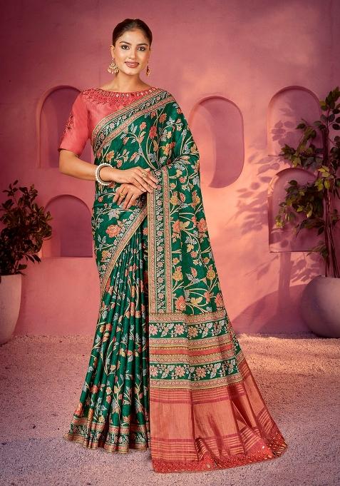 Green Printed Silk Saree Set