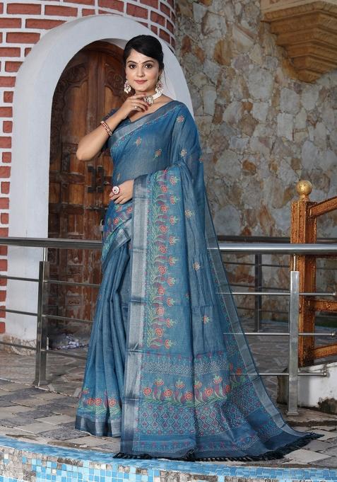 Blue Printed Cotton Shimmer Saree Set