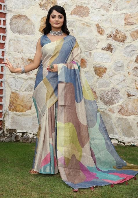 Multicolor Printed Cotton Shimmer Saree Set