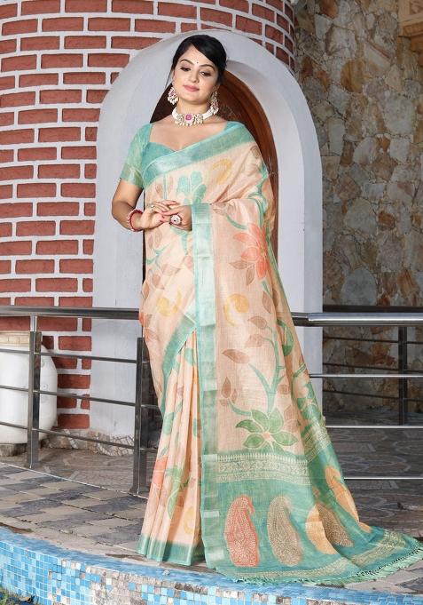 Cream Printed Cotton Shimmer Saree Set