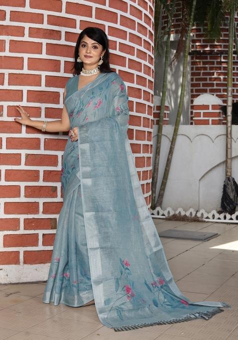 Grey Printed Cotton Shimmer Saree Set