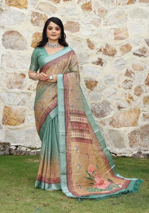 Green Printed Cotton Shimmer Saree Set