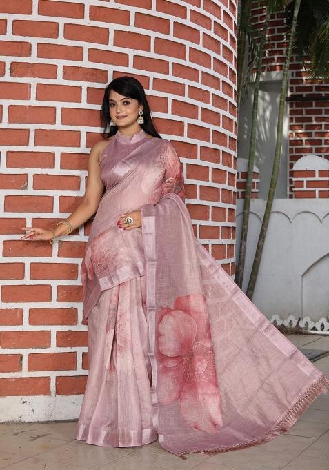 lavender Printed Cotton Shimmer Saree Set