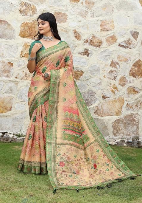 Peach Printed Cotton Shimmer Saree Set
