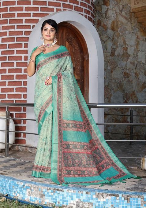 Sea Green Printed Cotton Shimmer Saree Set