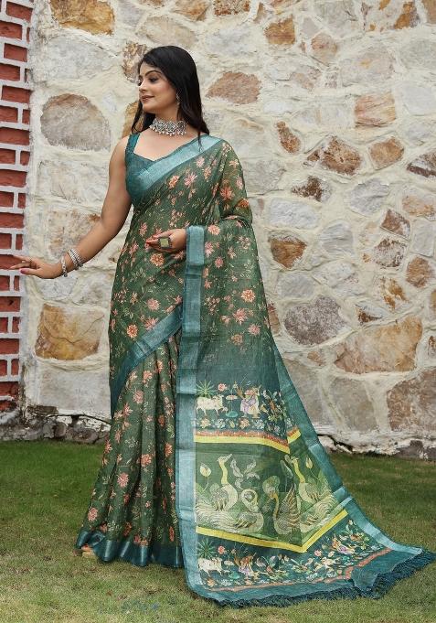Green Printed Cotton Shimmer Saree Set