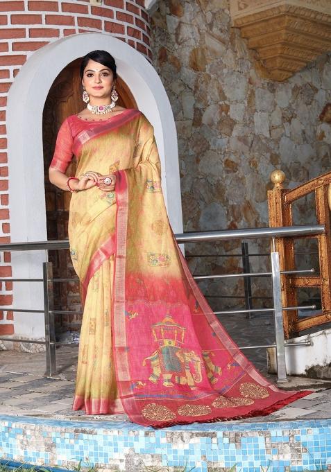 Yellow Printed Cotton Shimmer Saree Set