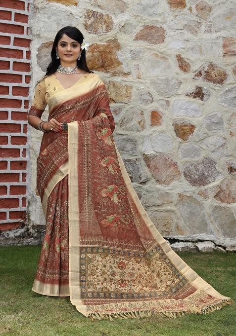 Brown Printed Cotton Shimmer Saree Set