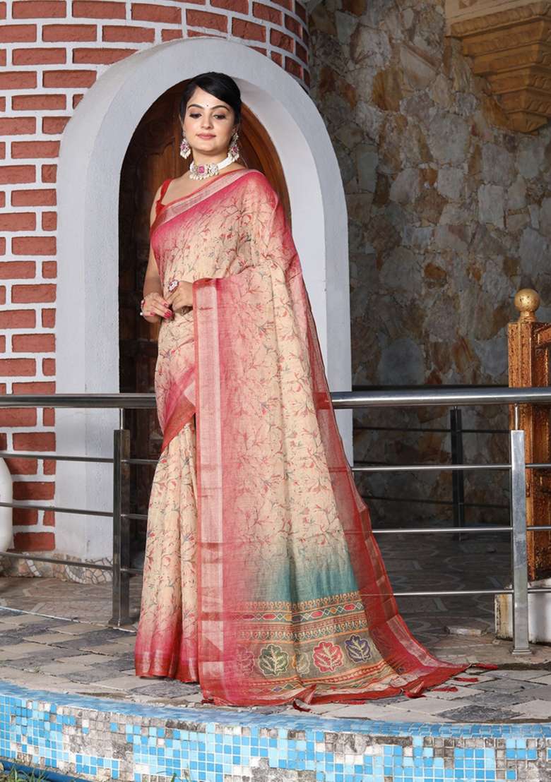 Off White Printed Cotton Shimmer Saree Set - Indya