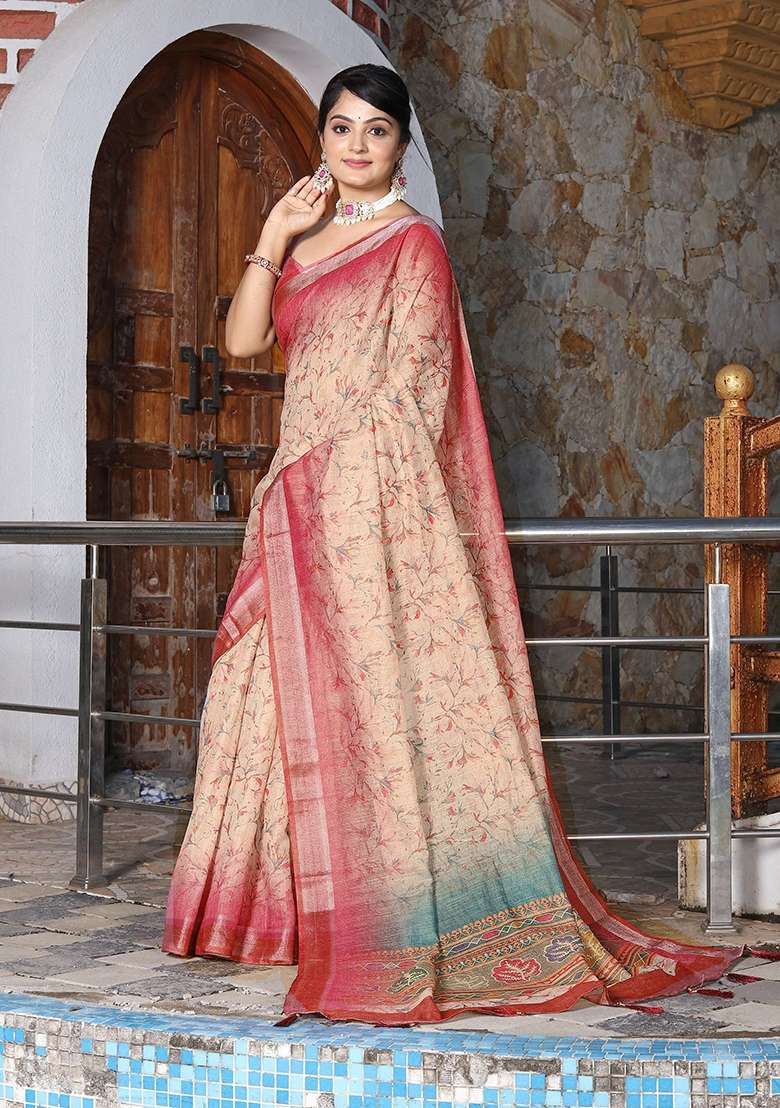 Off White Printed Cotton Shimmer Saree Set - Indya