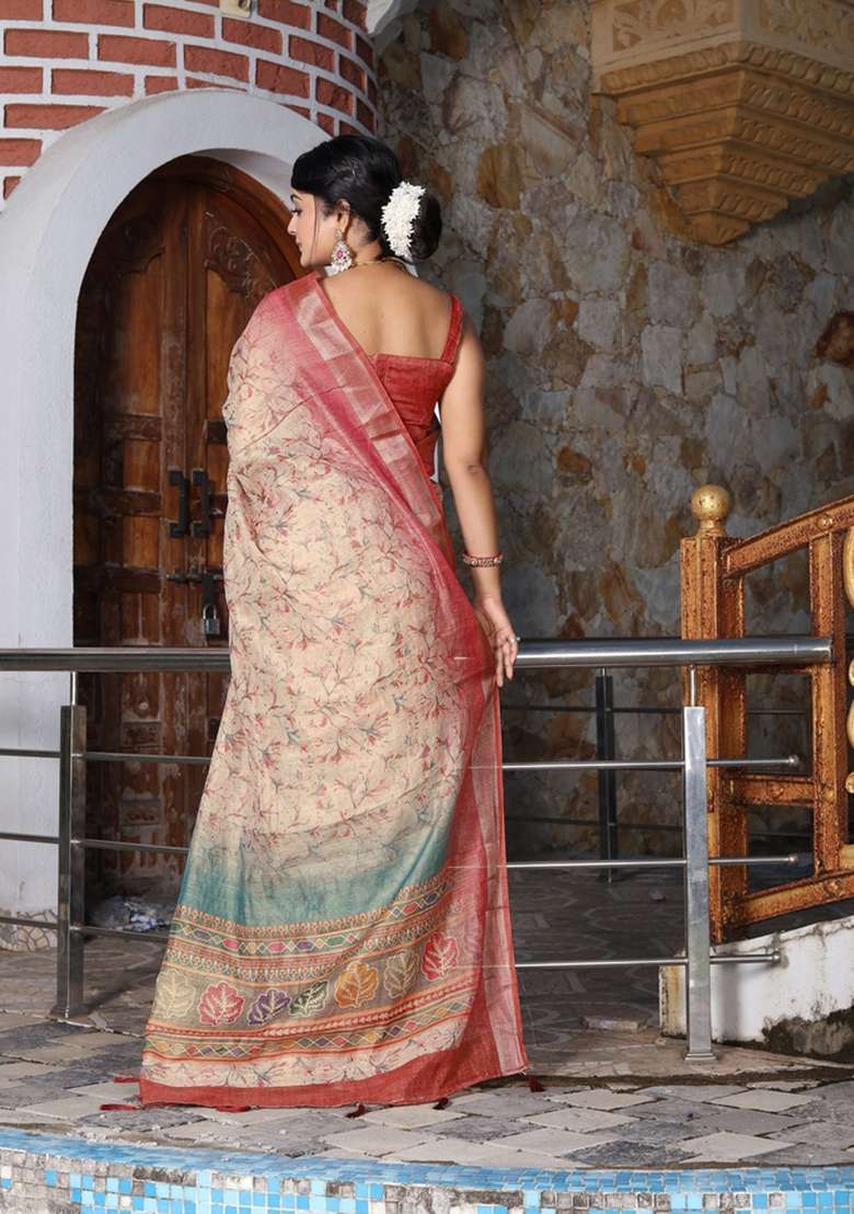 Off White Printed Cotton Shimmer Saree Set - Indya