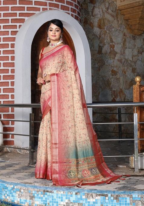Off White Printed Cotton Shimmer Saree Set