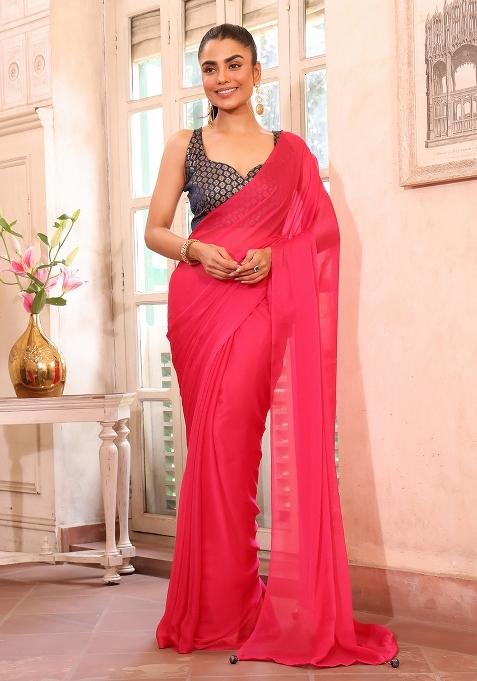 Pink Solid Chiffon Saree Set
